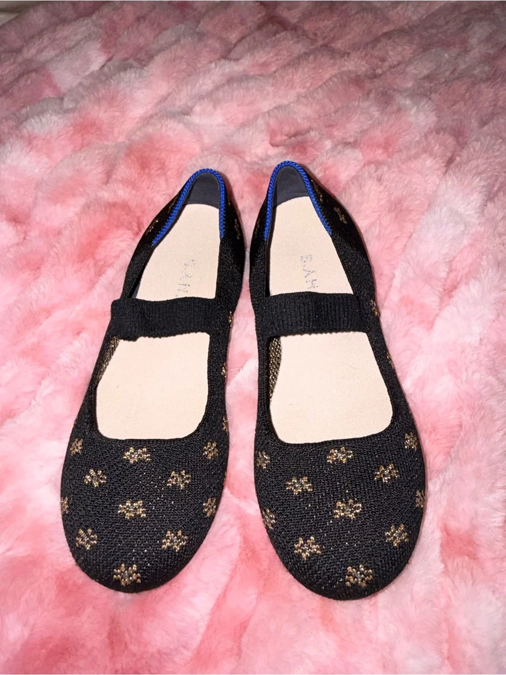Rothy's Black Knit Mary Jane Flats with Gold Floral Dots and Blue Trim